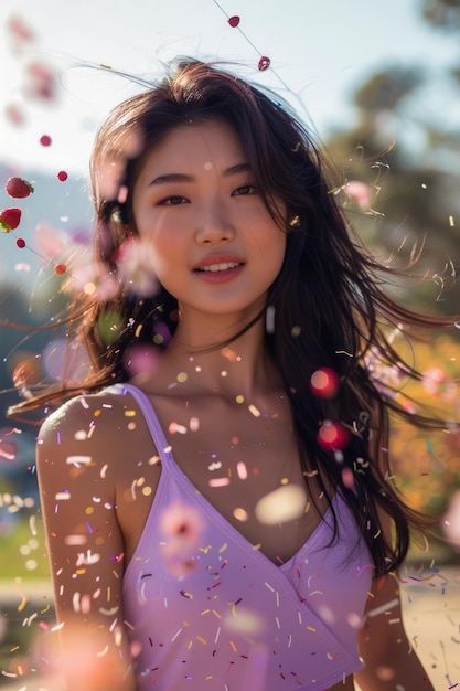 Mujer joven asiática disfrutando de la naturaleza con confeti retrato al aire libre soleado con expresión alegre