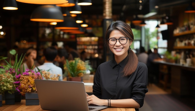 Mujer joven asiática freelance o estudiante trabajando en una computadora portátil en una cafetería sonriendo a la cámara