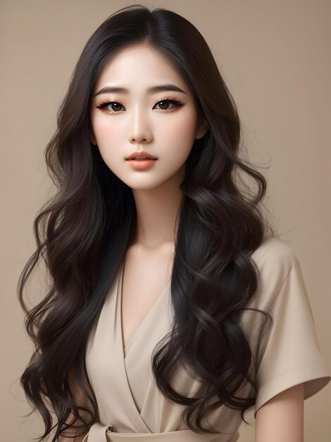 Mujer joven, asiática, hermosa, modelo, de cabello largo.
