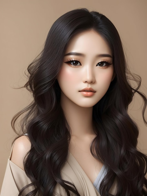 Mujer joven, asiática, hermosa, modelo, de cabello largo.