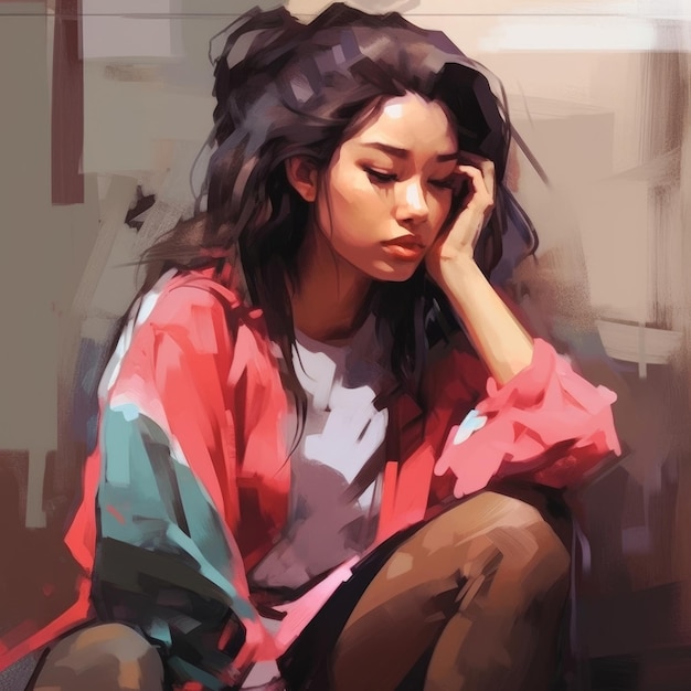 Mujer joven asiática en ilustración de pensamiento y dudas Personaje hipster femenino con cara soñadora sobre fondo abstracto Ai generó un cartel colorido dibujado brillante
