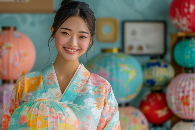 Mujer joven asiática con kimono tradicional sonriendo con coloridas linternas de papel en el fondo