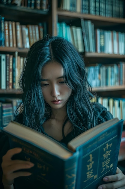 Mujer joven asiática leyendo un libro en un ambiente acogedor de biblioteca rodeada de estanterías llenas de libros