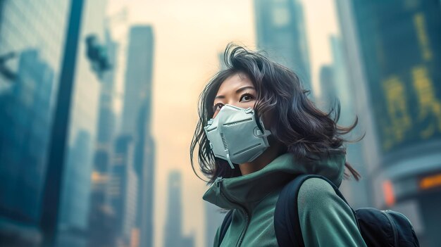 Mujer joven asiática con máscara protectora contra la contaminación del aire en la ciudad