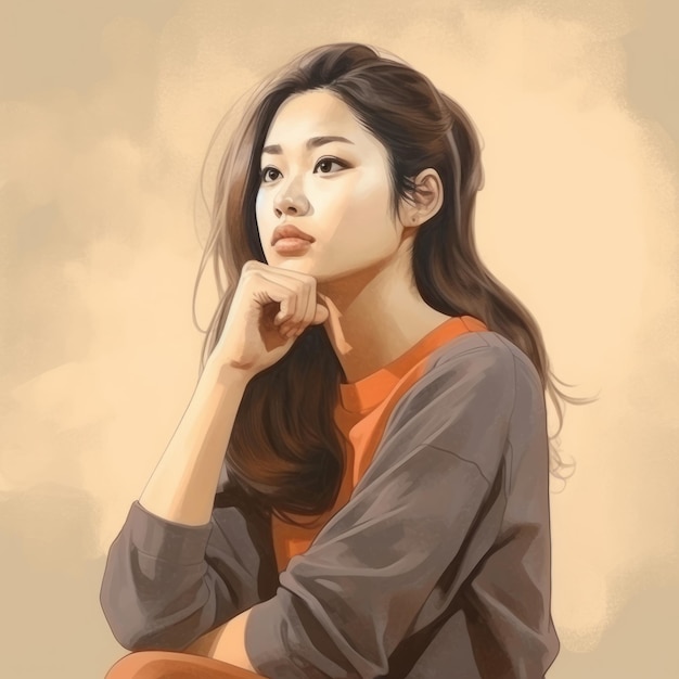 Mujer joven asiática en pensamiento y dudas ilustración personaje hipster femenino con cara soñadora en fondo abstracto Ai generó un póster colorido dibujado de colores brillantes