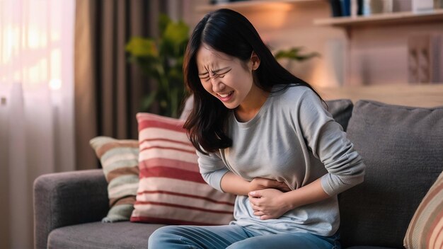Foto mujer joven asiática que siente dolor abdominal mientras está sentada en el sofá en la sala de estar en casa