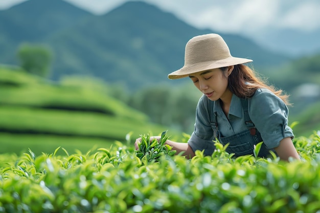 Mujer joven asiática recogiendo a mano hojas de té en un idílico entorno montañoso de agricultura tradicional