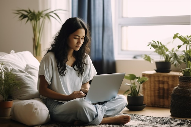 mujer joven asiática sentada en casa con una computadora portátil chica navegando por sitios web o estudiando