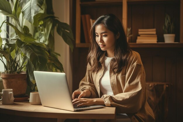 mujer joven asiática sentada en casa con una computadora portátil chica navegando por sitios web o estudiando