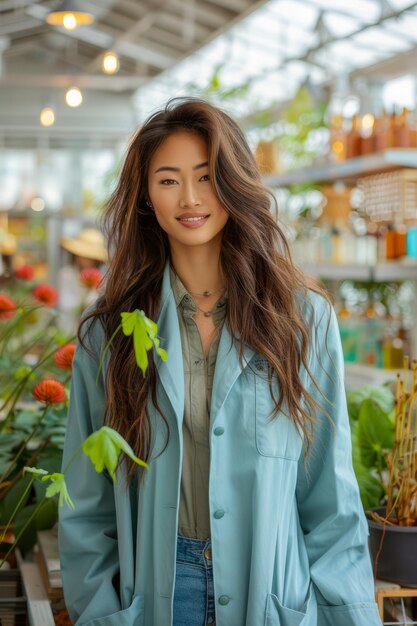 Mujer joven asiática sonriendo con ropa casual en el vivero Lush Greenhouse