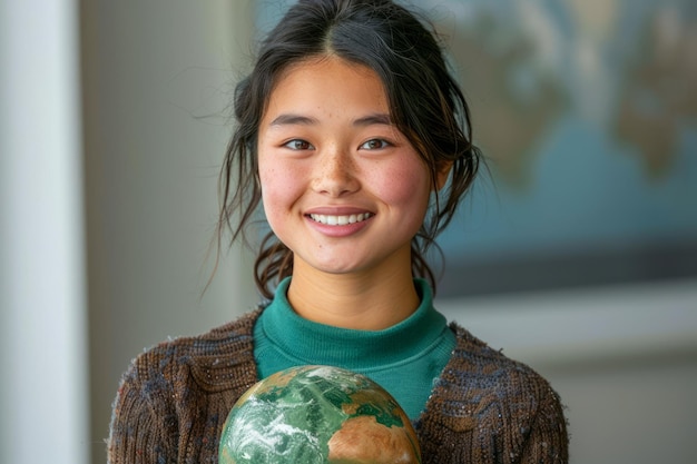 Mujer joven asiática sonriendo y sosteniendo un globo con un mensaje ambiental optimista en Natural