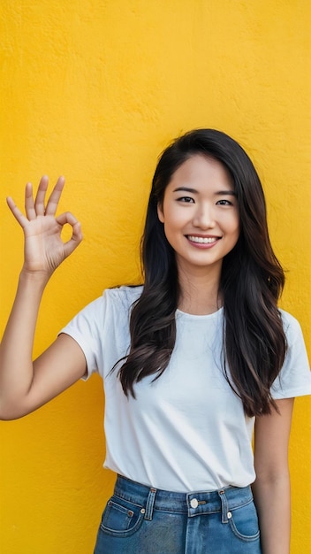 Mujer joven asiática sonriente haciendo gestos de "ok" para la aprobación o el acuerdo en una pared amarilla aislada