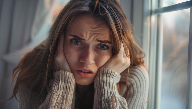 Mujer joven con ataque de pánico cerca de la ventana