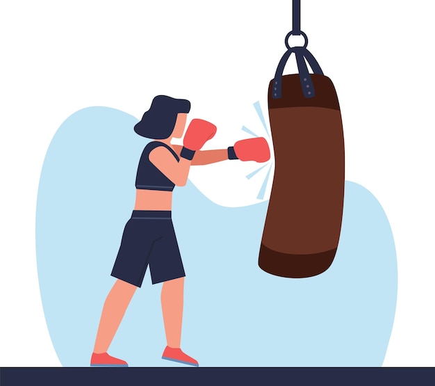 Mujer joven atlética golpea saco de boxeo Mujer boxeando con guantes Joven chica fuerte kickboxing entrenamiento dibujos animados plano personaje aislado ilustración vector concepto de entrenamiento deportivo profesional
