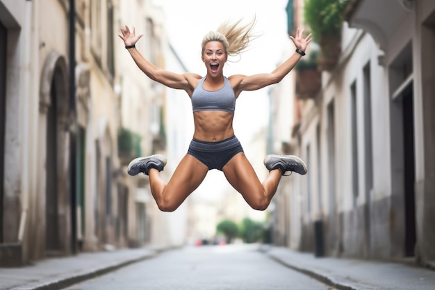 Mujer joven atlética saltando en la ciudad Deporte y estilo de vida saludable Una chica de fitness saltando por la calle con los brazos extendidos mostrando músculos detallados Generada por IA