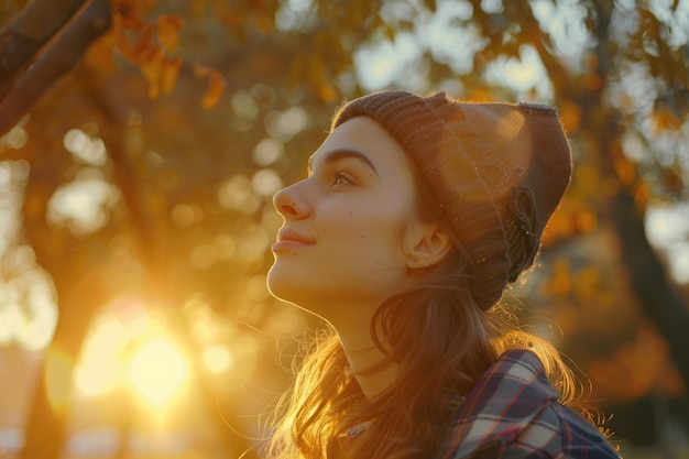 Mujer joven atractiva disfrutando de su tiempo afuera en el parque con la puesta de sol en el fondo