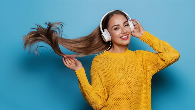 Foto mujer joven atractiva y elegante escuchando música con auriculares inalámbricos feliz usando tricot amarillo