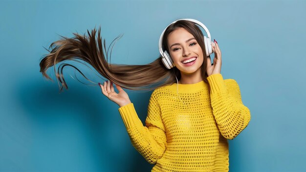 Foto mujer joven atractiva y elegante escuchando música con auriculares inalámbricos feliz usando tricot amarillo