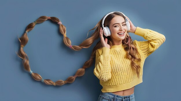 Foto mujer joven atractiva y elegante escuchando música con auriculares inalámbricos feliz usando tricot amarillo