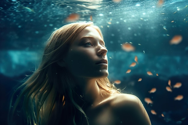 Mujer joven atractiva nada bajo el agua en el mar generativo ai