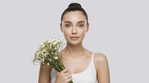 Foto mujer joven y atractiva con piel limpia y ramo de flores aisladas en blanco