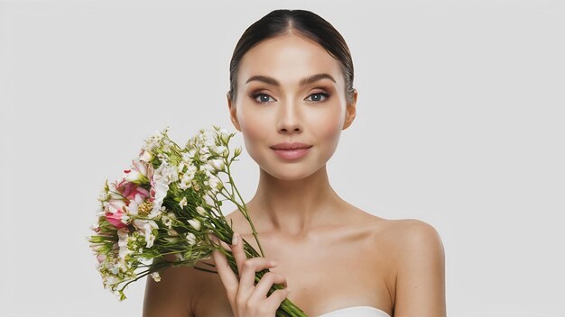 Foto mujer joven y atractiva con piel limpia y ramo de flores aisladas en blanco