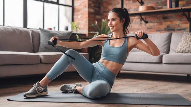 Foto mujer joven atractiva con ropa deportiva trabajando en una alfombra de ejercicio y haciendo ejercicios de retroceso con