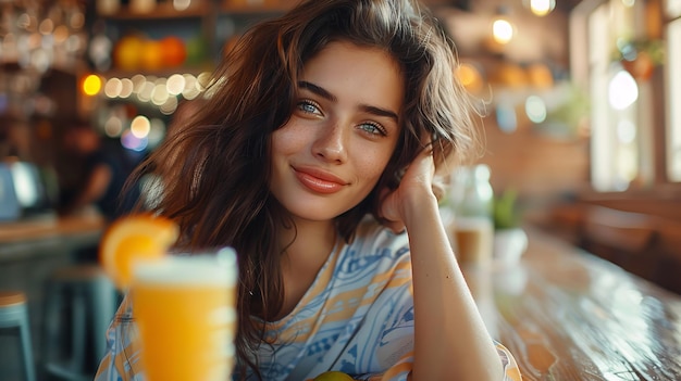 Mujer joven atractiva con un vaso de jugo de naranja recién exprimido Ai generativo
