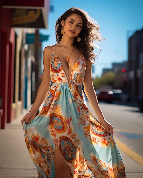 Mujer joven atractiva con vestidos de colores