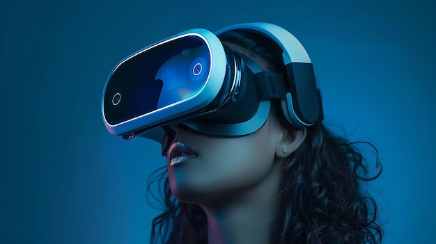 Una mujer joven con un auricular de realidad virtual está mirando algo en el mundo virtual