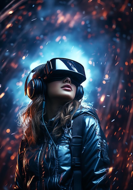 Foto una mujer joven con un auricular de realidad virtual mira con admiración y sorpresa sobre un fondo irreal colorido