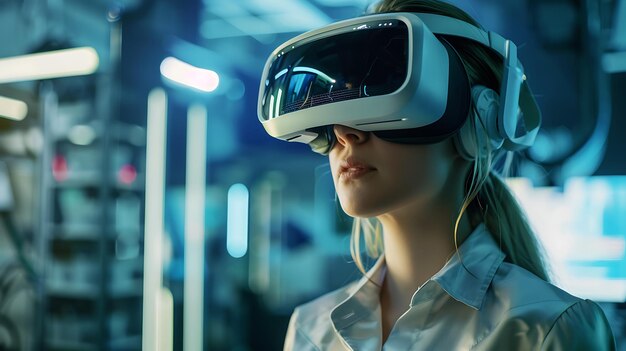 Foto una mujer joven con un auricular de realidad virtual está de pie en un laboratorio futurista