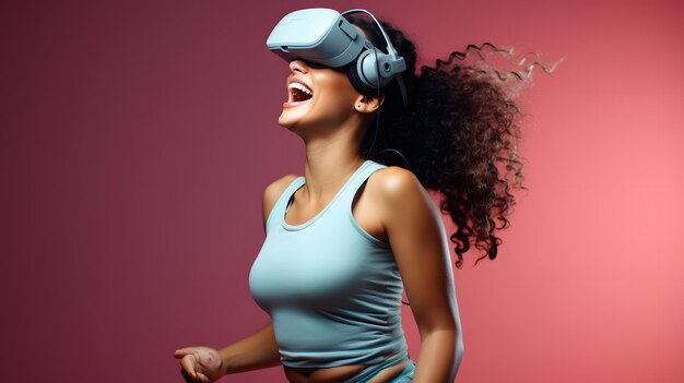 mujer joven con un auricular de realidad virtual