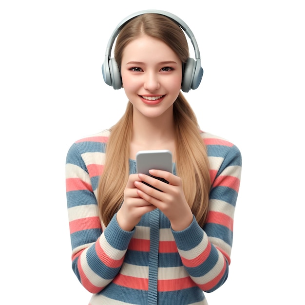 Foto mujer joven con auriculares bluetooth usando teléfono móvil con ia generada
