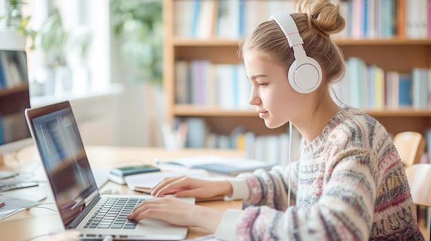 Una mujer joven con auriculares se centra atentamente en la pantalla de su portátil en una oficina en casa ordenada con un cuaderno abierto a su lado