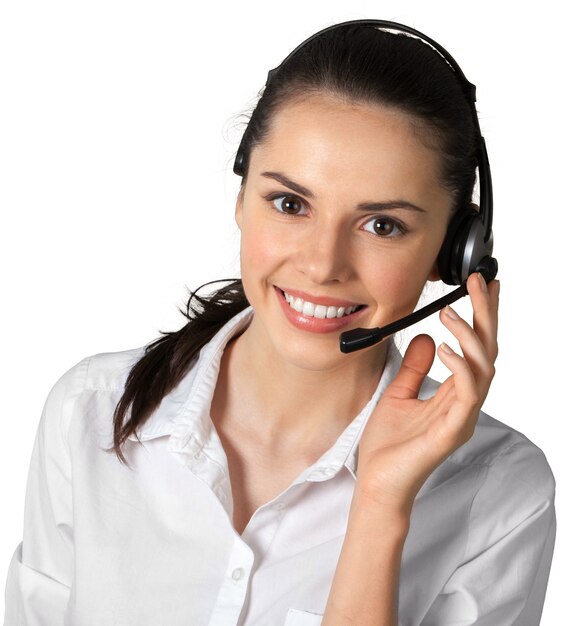 Foto mujer joven con auriculares, centro de llamadas o concepto de soporte