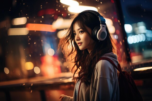 Mujer joven con auriculares escuchando música Niña sentada cerca de la ventana IA generativa