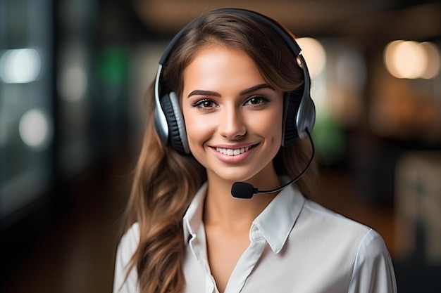 Una mujer joven con auriculares está sonriendo