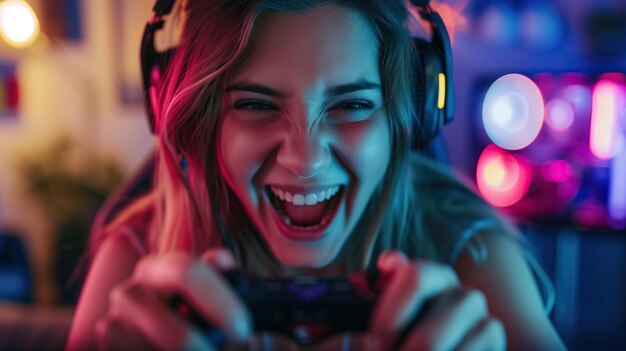 Mujer joven con auriculares jugando a un videojuego