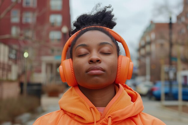 Mujer joven con auriculares naranjas perdida en la música al aire libre