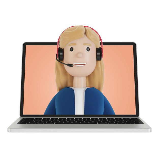 Mujer joven con auriculares en un portátil. Asistente en línea. Concepto de cliente y operador. Soporte técnico 24-7 para la página web. Ilustración 3D.