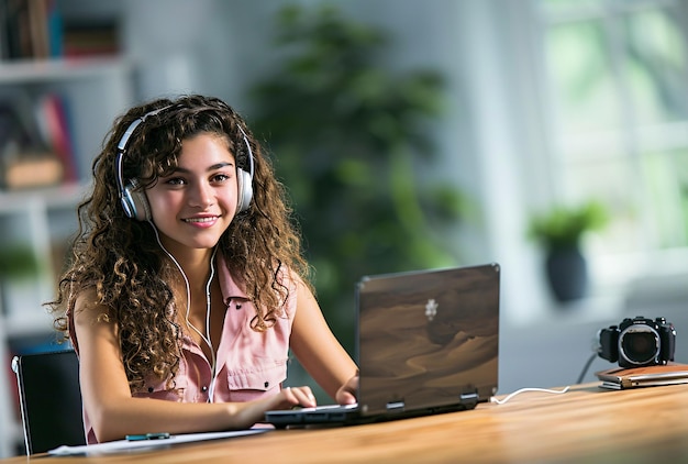 Mujer joven con auriculares y portátil