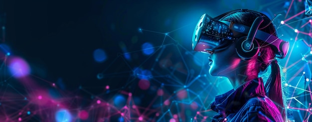 Una mujer joven con auriculares de realidad virtual inmersa en un mundo virtual vibrante