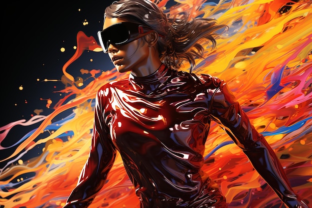 Mujer joven con auriculares de realidad virtual y un traje futurista hecho de plástico fluido material ajustado realidad virtual colorido torbellino