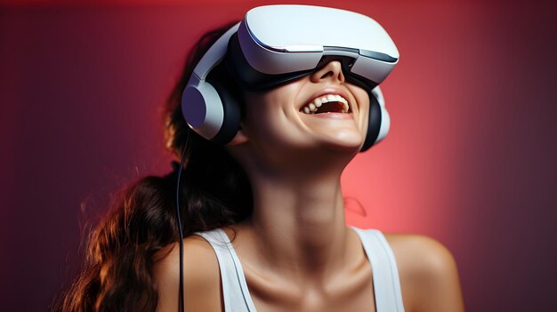 Foto mujer joven con auriculares de realidad virtual