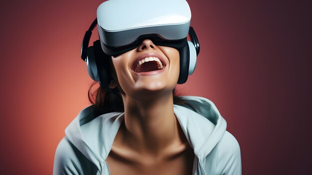 Foto mujer joven con auriculares de realidad virtual