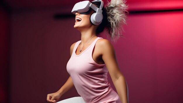 Foto mujer joven con auriculares de realidad virtual