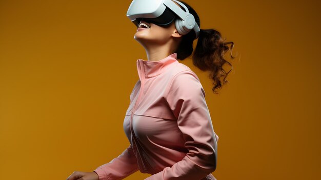 Foto mujer joven con auriculares de realidad virtual