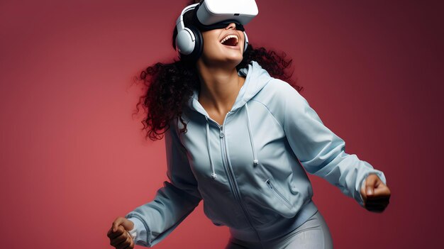 Foto mujer joven con auriculares de realidad virtual