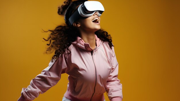 Foto mujer joven con auriculares de realidad virtual